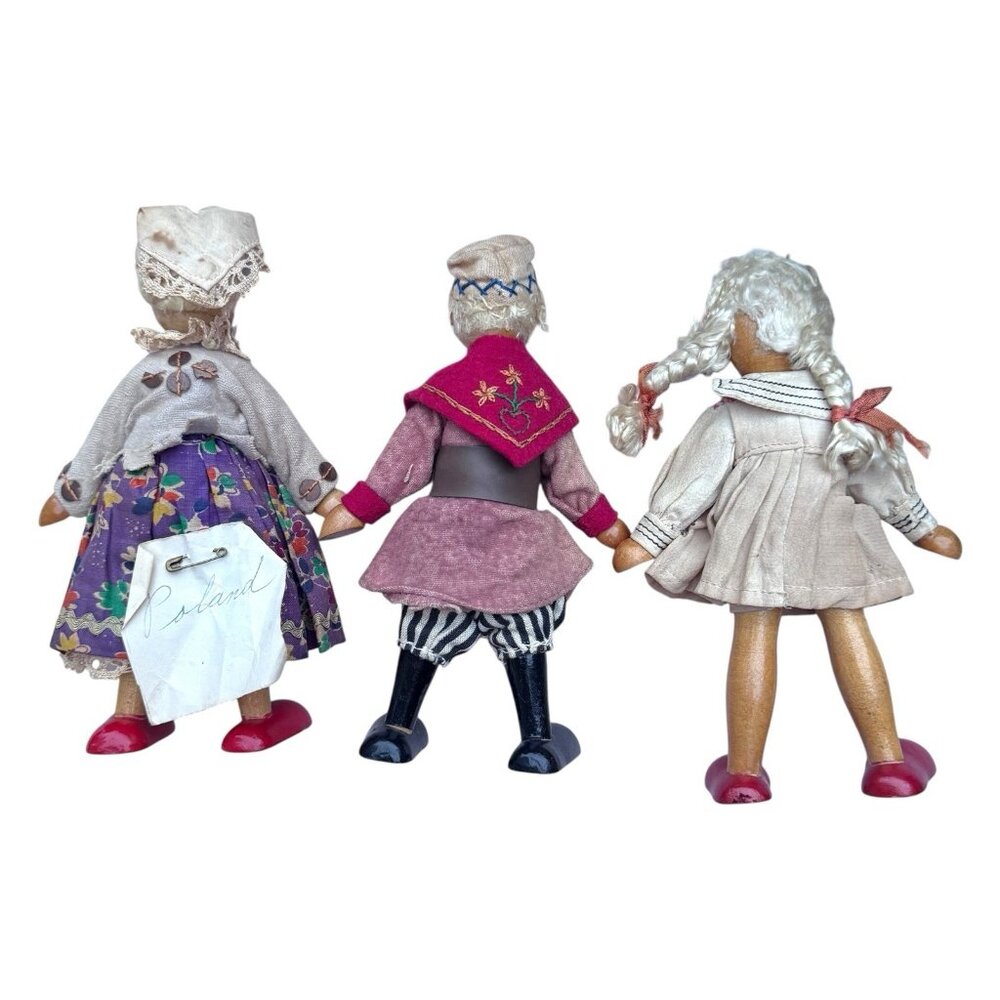 Vintage Polish Wooden Peg‎ Dolls Joli Folk Art Lot of 3 Euro Cottage Core 7 inch - Picture 2 of 16